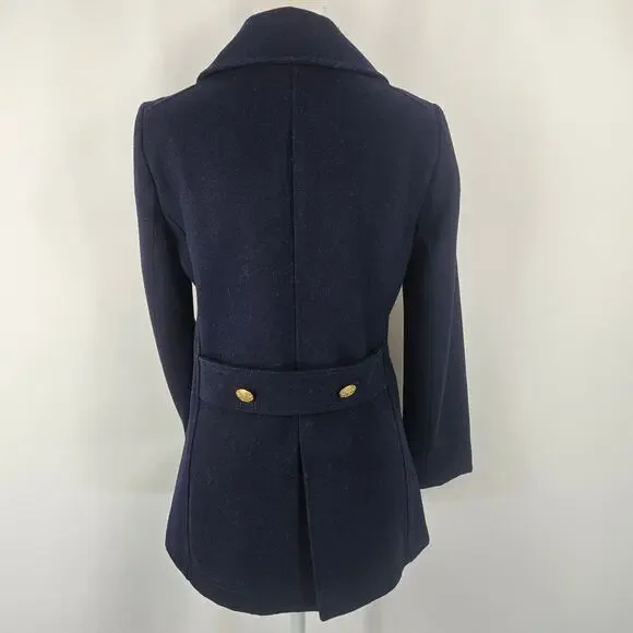 J. Crew Navy Wool Blend Double Breasted Collared Peacoat Gold Shield Buttons 0 - Picture 3 of 13